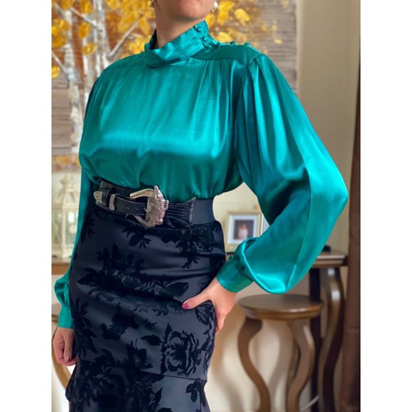 SOLD (VINTAGE) 80's Notations Green Satin Mock Neck Long Sleeve Blouse (12) - Picture 5 of 6